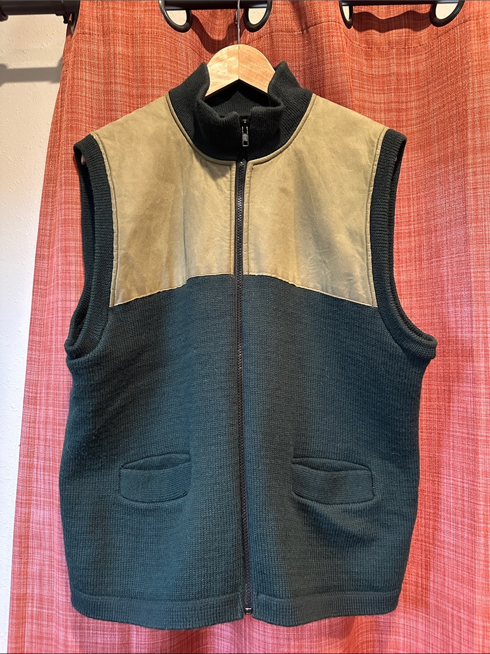 Filson Dark Green Knit Zip Vest with Tan Suede Yoke